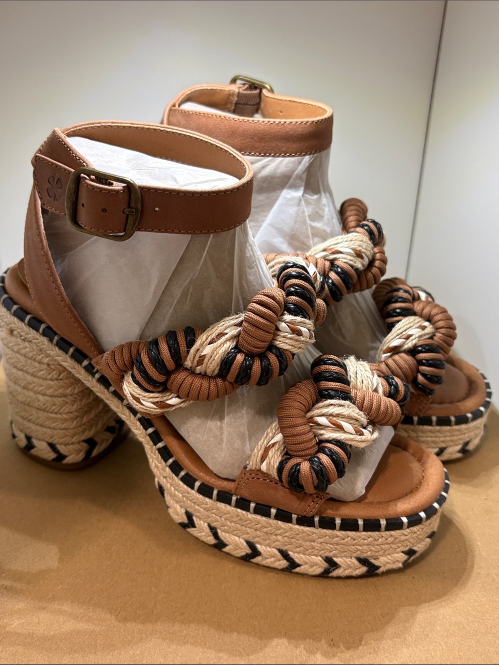 Lucky Brand Brown Braided Espadrille Platform Sandals with Black & Cream Accents - Picture 3 of 7